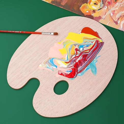 2 Pack Wooden Paint Palette - Wooden Oval-Shaped Artist Painting Palette with Thumb Hole - Wood Paint Color Mixing Tray - Easy Clean, Mix Acrylic, Oil, Watercolor in Kuwait
