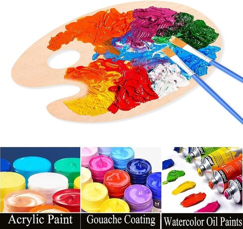 2 Pack Wooden Paint Palette - Wooden Oval-Shaped Artist Painting Palette with Thumb Hole - Wood Paint Color Mixing Tray - Easy Clean, Mix Acrylic, Oil, Watercolor in Kuwait
