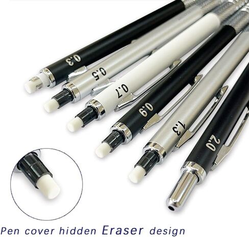 MROOFUL 0.3 0.5 0.7 0.9 1.3 2.0 pen set mechanical pencils with erasers on the end rechargeable 3 Tube Lead, Eraser Students Artist Writing, Sketch, Drawing (0.9 1.3 2.0, Silver) in Saudi Arabia