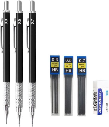 MROOFUL 0.3 0.5 0.7 0.9 1.3 2.0 pen set mechanical pencils with erasers on the end rechargeable 3 Tube Lead, Eraser Students Artist Writing, Sketch, Drawing (0.9 1.3 2.0, Silver) in Saudi Arabia