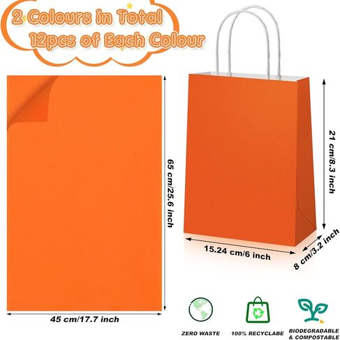 Fumete 24 Pack Kraft Paper Gift Bags with Tissues Papers Colorful Party Favor Bags with Handles for War Party Target Sign Birthday Wedding Baby Shower Supplies(Light Blue, Orange) in Saudi Arabia