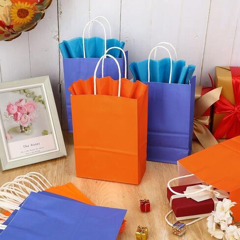 Fumete 24 Pack Kraft Paper Gift Bags with Tissues Papers Colorful Party Favor Bags with Handles for War Party Target Sign Birthday Wedding Baby Shower Supplies(Light Blue, Orange) in Saudi Arabia