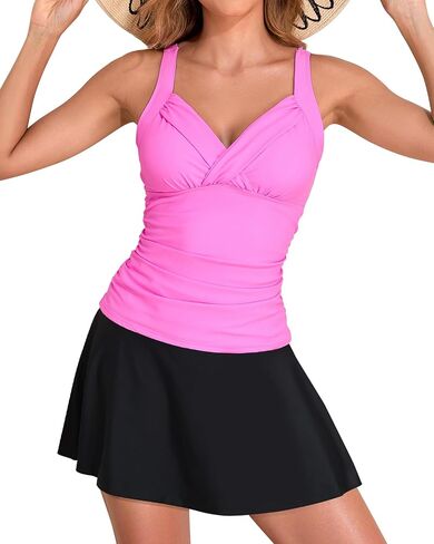 HEYTALALA Tankini Swimsuit for Women 2 Piece Tummy Control Bathing Suits with Swim Skirt Ruched Tankini Tops Swimwear in Saudi Arabia