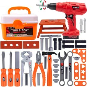 Kids Tool Play Set,Elaectric Screwdriver Toy with Box, 42pcs Toddler Electronic Toy Drill Kits, Pretend Play Construction Tools for Boy Girl Halloween Present Birthday Dress Up Party