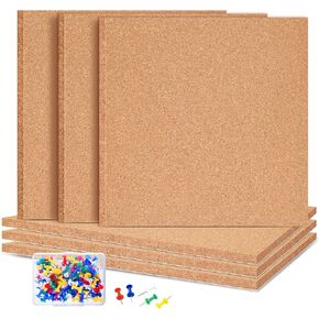 6 Pac Self-Adhesive Square Cork Boards for Wall with 100 Push Pins for Bulletin Boards Cork Wall Home School Office Decorative（12"x12"x1/4" ）