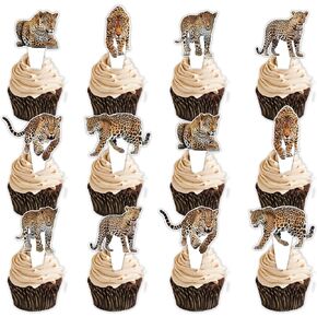 24pcs Cheetah Dessert Cupcake Topper for Animal Leopard koala Theme Decor Supplies Baby Shower Wedding Anniversary Happy Birthday Party Decoration