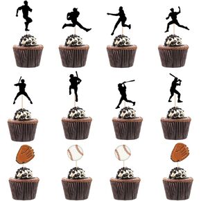 24pcs البيسبول كب كيك أعلى أدوات البيسبول لاعب الكب كيك الكب كيك للأولاد كعكة عيد ميلاد وديكور الخبز ، واختيارات كعكة الكعك للحفلات ، والبيتزا والأقطار الآيس كريم القبعات