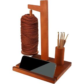 Rumexeng Wooden Yarn Holder with Phone Stand, Wooden Yarn Spool Rack for Crocheting and Knitting, Crochet Hook Storage, Magnetic Yarn Ball Spinner Holder, Ideal Gift for Craft Lovers (Brown)
