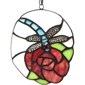 Bieye W10078 Rose Dragonfly Tiffany Style Stained Glass Suncatcher Window Hanging Panel for Garden Outdoor Indoor Decoration, Red