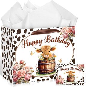 Highland Cow Gift Bag with Handles, Wrapping Paper & Card - Brown Highland Cow Birthday Wrapping Bags for Themed Parties