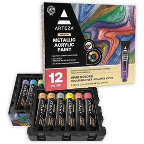 ARTEZA Metallic Acrylic Paint Set of 12 Colors, 0.74 ounce Tubes Non Toxic Artist Paints for Hobby Painters, Art Supplies for Canvas Painting