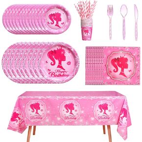 161CT Pink Girl Babe Happy Birthday Party Supplies Babe Head Paper Plates Cups Straw Napkins Spoon Fork knives Tablecloth Hot Pink Girl Party Decorations Tableware for 20 Guests for Bday Baby Shower