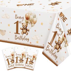 3 PCS Beary First عيد ميلاد ديكورات المائدة الملقثة ، دب تيدي بني عام واحد يبلغ حجمه كبير الحجم من القماش المائدة البلاستيكية مستطيلة 54 × 108 بوصة