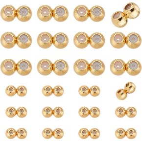 PH PandaHall 18K Gold Stopper Beads, 24pcs Double Hole Beads Silicone Slider Beads Brass Rubber Beads Adjustable Round Beads Positioning Spacer Beads for Jewelry Bracelet Necklace Making