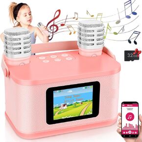 Mini Karaoke Machine for Kids, Upgraded Lyrics Screen Portable Kid Bluetooth Singing Speaker, 2 Wireless Microphone Karaoke Toys with SD Card Birthday Gifts Party Favors for 3, 4, 5, 6, 7, 8+ Year Old