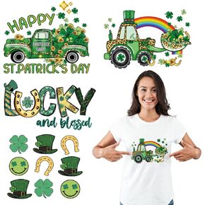 St. Patrick's Day Iron on Transfers Stickers, 4 Sheets Four Leaf Clover Gnome Truck Iron on Patches for Clothes T-Shirts Bag Pillow Hat DIY Craft Heat Transfer Vinyl Decals for St. Patrick's Day Decor