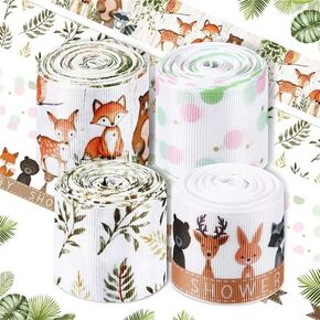 4 Rolls of 20 Yards Woodland Animal Theme Ribbon 1.5 Inch Wide Forest Rib Wired Baby Shower Ribbon Polka Dots Leaf Animal Print for DIY Craft Jungle Theme Birthday Party Decor