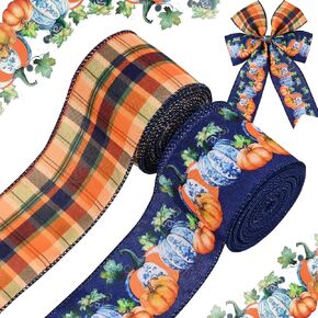 2Rolls 20 Yards Fall Wired Edge Ribbon Blue Orange Plaid Pumpkin Patterned Burlap Ribbon for Gift Wrapping Bow Wreath Making Sewing for Autumn Thanksgiving Craft Supplies