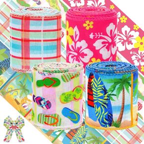 Ceenna 4 Rolls of 20 Yards Summer Beach Ribbon Decoration 2.5 Inch Wide Wired Ribbon Flip Flops Surfboards Hibiscus Tropical Leaves Print for DIY Craft Wreath Bow Party Home Valentine‘s Day Gift