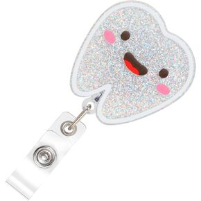 Nurse Badge Reel Retractable Bling Tooth Badge Reel Acrylic Nursing ID Card Holder with Clip Cute Glitter Name Tag Holder for Dentistry Pediatrics Docter Students