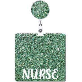 Nurse Badge Buddy and Badge Reel Set Pink Horizontal Badge Card Holder Nurse Acrylic Glitter Badge Buddies Badge Cards Bling Badge Reels Retractable Medical Nursing Gifts ID Name Card JJ888