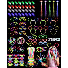 275 PCS Glow in the Dark Party Supplies for Kids Adults, Light Up Party Favors, Glow Sticks Bulk Party Pack Bracelets Finger Lights Glasses Headband LED Light Hair Wedding Birthday New Year Halloween
