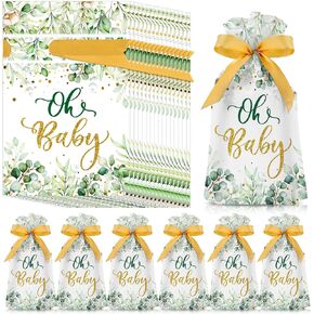 50 Pcs Baby Shower Party Favors Bags Baby Plastic Drawstring Gift Candy Goodies Treat Bags for Guest Greenery Woodland Theme Baby Boy Girl Birthday Gender Reveal Decor Supplies 9 x 6 Inch
