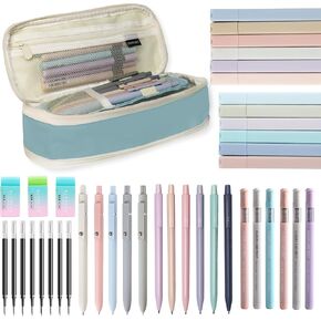 41 PCS Aesthetic School Supplies with Cute Pen Case, 5 Black Ink Gel Pens, 12 Pastel Highlighters, 6 Mechanical Pencils Set 0.5 & 0.7 mm for School Supplies Essentials (Pink)