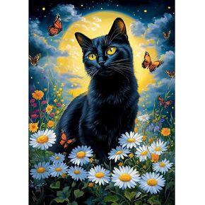 Heibago Black Cat Diamond Art Kits للبالغين ، 5D الحفر الكاملة جولة الطلاء القمر بالأحجار الكريمة مع أزهار الماس ، ونقاط الماس مثالية لديكور الجدار المنزلي 12x16inch