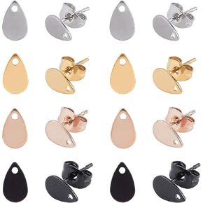 UNICRAFTALE About 80pcs Vacuum Plating 304 Stainless Steel Hypoallergenic Stud Earring Findings,Neutral Style with Texture, Teardrop Shape, 4 Color Mixed Earring Set