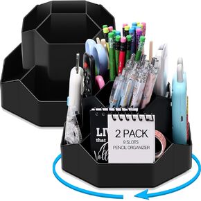 2 PCS 9 فتحات 360 ° حامل قلم القلم الرصاص للمكتب ، منظم المكتب الدوار لمستلزمات الفنون المنزلية المكتبية (أسود)