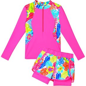 TFJH E 2 قطعة ملابس سباحة للفتيات بأكمام طويلة UV 50+ Rashguard Tankini مجموعة ملابس سباحة للأطفال بسحاب 3-12 سنة