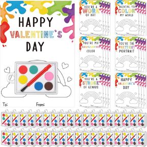 Sabary 24 Pack Kids Valentines Day Gift Cards Set Includes Valentines Gift Painting Cards Mini Paint Sets with Adhesive Dots for Class, to Color for Party