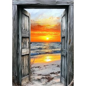Lxmsja Beach Diamond Art Kits for Adults, Wooden Door DIY Full Drill Diamond Painting Kits for Beginners, 5D Gem Art Crafts for Adults, Home Wall Decor 12x16 inch
