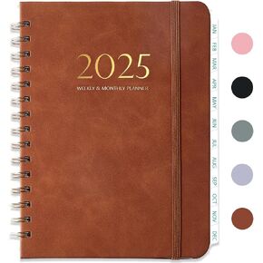 2025 Planner, Weekly and Monthly Planner from January 2025 - December 2025, Notebook Calendar Planner Agenda Planner with Tabs, Inner Pocket, Spiral Binding, Monthly Tab - A5 (6.3" x 8.5") Brown