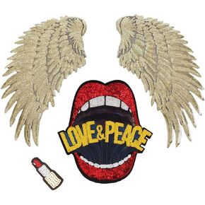 Large Red Mouth Gold Sequin Wing Iron on Patches Appliques Stickers Sew On Embroidered Lip Motif for DIY Clothes Jackets Jeans T-Shirt Pillow Case Sweatshirt Backpack Handbags, 3Pcs/lot