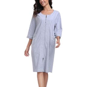 CF Women's 100% Cotton Zipper Robes 3/4 Sleeve Loungewear Knee Length Housecoat Lightweight Zip Up Nightgowns with Pockets