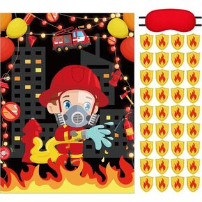 38 Pcs Pin the Shield on the Fireman Party Games, Fire Truck Party Games Poster with Blindfolds and Stickers for Kids Firefighter Birthday Theme Decorations Supplies