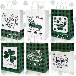 AnyDesign St. Patrick's Day Paper Bags with Handle Green Black Buffalo Plaids Shamrock Truck Gift Bags Lucky Charm Party Favor bags for Irish Holiday, 12Pcs, 5.9 x 8.3 x 3.1 Inch