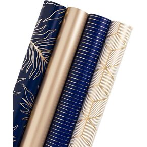 WRAPAHOLIC Wrapping Paper Roll - Gold and Navy Print with Cut Lines for Christmas, Birthday, Holiday, Father's Day, Baby Shower - 4 Rolls - 30 inch X 120 inch Per Roll