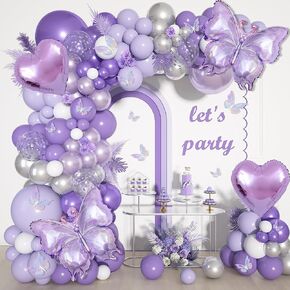 Ouddy Life 171Pcs Purple Butterfly Balloons Arch Garland Kit, Purple Silver Different Sizes Lavender Lilac Purple Butterfly Foil Balloons for Purple Baby Bridal Shower Birthday Party Decorations