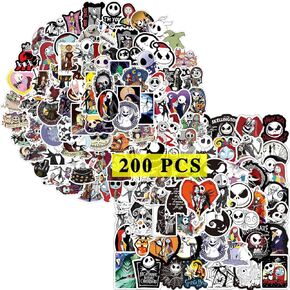 Nightmare Skellington Horror Stickers（200 Pcs）. Cartoon Halloween Vinyl Decals Gifts Merch Party Supplies for Water Bottles Skateboard Luggage Scrapbook Kids Teens Adult