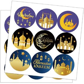 KYMY 180pcs Ramadan Kareem Stickers, Ramadan Eid Mubarak Round Vinyl Stickers, Islamic Muslim Festival Party Favor Decorations, Crescent Moon Lantern Mosque Stickers for Candy Gift Box Envelope Seal