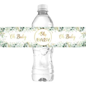 Oh Baby Water Bottle Labels, Baby Shower Stickers, Boy or Girl Party Decorations Eucalyptus Leaves Green Theme - 30 Pcs