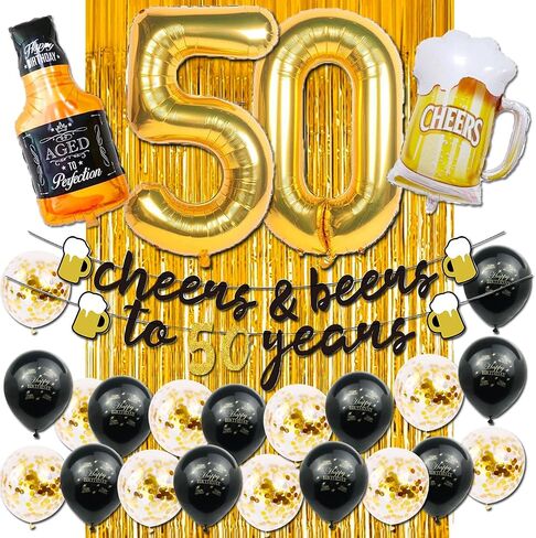 50th Birthday Decorations Men, Happy 50th Birthday Decorations with 40 Inch Gold 60 Number Balloons, Birthday Banner, Latex Balloon, Fringe Curtains and Foil Balloons in Kuwait