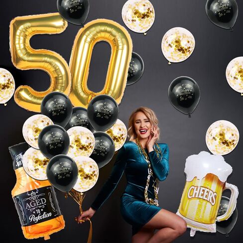 50th Birthday Decorations Men, Happy 50th Birthday Decorations with 40 Inch Gold 60 Number Balloons, Birthday Banner, Latex Balloon, Fringe Curtains and Foil Balloons in Kuwait