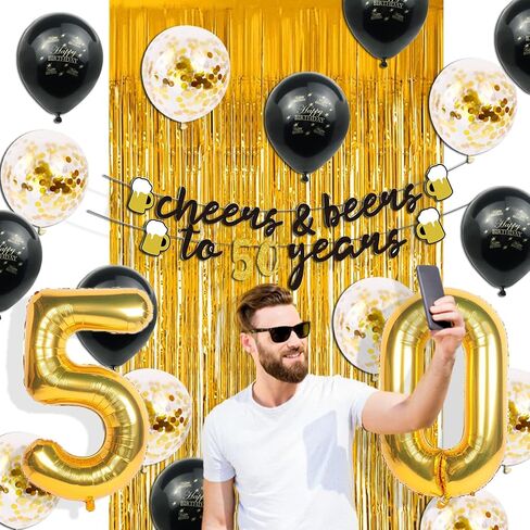 50th Birthday Decorations Men, Happy 50th Birthday Decorations with 40 Inch Gold 60 Number Balloons, Birthday Banner, Latex Balloon, Fringe Curtains and Foil Balloons in Kuwait