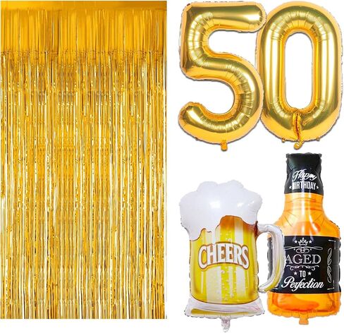 50th Birthday Decorations Men, Happy 50th Birthday Decorations with 40 Inch Gold 60 Number Balloons, Birthday Banner, Latex Balloon, Fringe Curtains and Foil Balloons in Kuwait
