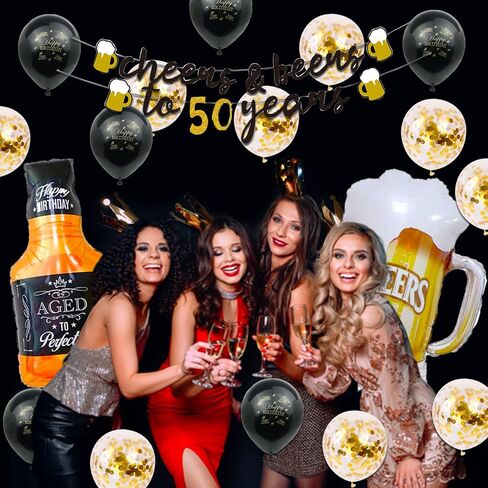 50th Birthday Decorations Men, Happy 50th Birthday Decorations with 40 Inch Gold 60 Number Balloons, Birthday Banner, Latex Balloon, Fringe Curtains and Foil Balloons in Kuwait