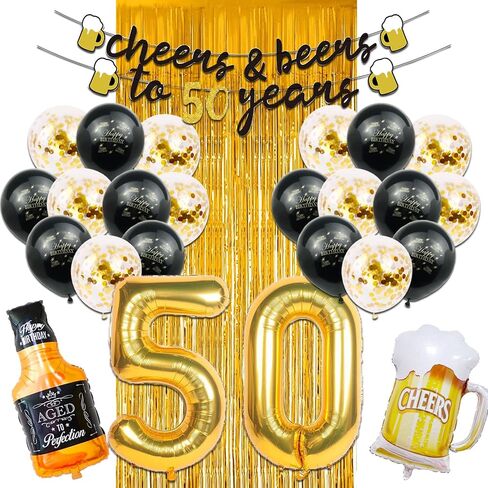 50th Birthday Decorations Men, Happy 50th Birthday Decorations with 40 Inch Gold 60 Number Balloons, Birthday Banner, Latex Balloon, Fringe Curtains and Foil Balloons in Kuwait